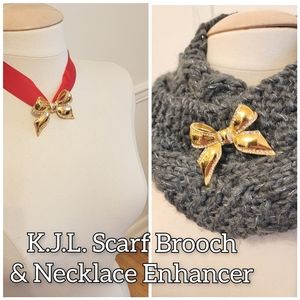 KJL Scarf Brooch Clip Necklace Enhancer Bow Crystals Gold Tone